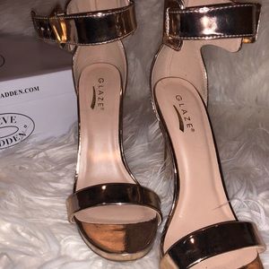 Rose gold high heel sandal with ankle strap